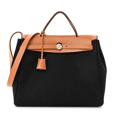 hermes toile vache 30 pm bag noir black|HERMES Toile Vache Calfskin Herbag 30 PM Black Natural .